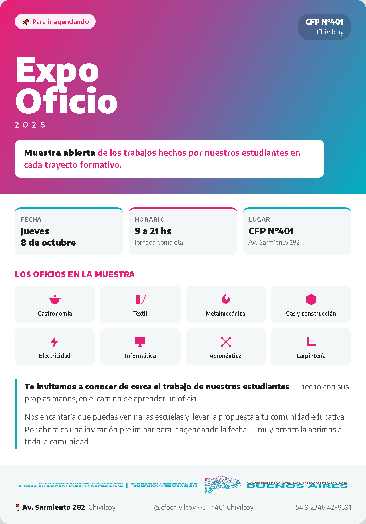 Invitación Expo Oficio — jueves 8 de octubre, 9 a 21 hs, CFP N°401, Av. Sarmiento 282, Chivilcoy